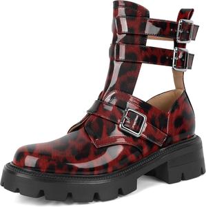 Женские ботильоны SAMMITOP с низким каблуком и рифленой подошвой, модные ботинки с круглым носком и вырезами, боевые ботинки с металлической пряжкой, готические ботильоны на 2 дюйма, Leopard Red