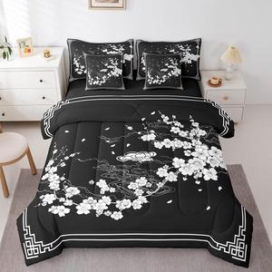 Erosebridal Комплект постельного белья Cherry Blossom в японском стиле с цветочным принтом из хлопка, White,black