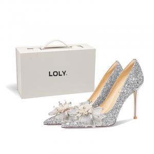 Туфли принцессы в стиле LOLY с кристаллами и стразами, бант из голубых перьев, серебристые, высота каблука 8 см