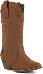 Женские ковбойские сапоги Sugar Western - средние сапожки до икры с заостренным носком, декоративной строчкой и перфорированным дизайном - заостренный носок, каблук-блок, стиль без застежки, Tammy-Cognac