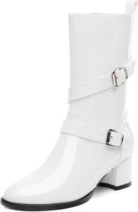 Женские сапоги до середины икры, низкий каблук, боковая молния, ботильоны до икры для женщин, круглый носок, модная лодыжка с ремешком и пряжкой RLYGHWAO, White Patent