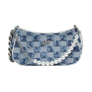 Полиэстеровая сумка через плечо женская белая/синяя/пыльно-голубая/джинсовая клетка MQ