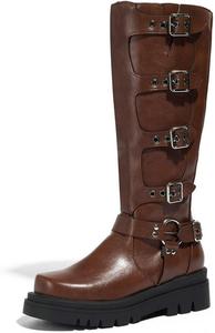 Женские ботильоны до колена с квадратным носком, широкие по икре, байкерские с платформой, металлические, готические, с массивным каблуком, пряжкой и заклепками Generic, Brown