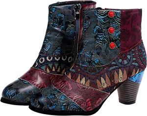 Женские ботильоны Hbeylia Western с низким голенищем, винтажные этнические бохо-принты, массивные высокие каблуки, короткие ботинки, модные кожаные с заостренным носком, ботильоны на осень и зиму, нарядные с устойчивым каблуком, ковбойские ботинки, Green