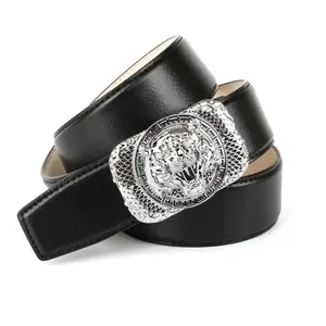 Ремень Anthoni Crown кожаный с застежкой серебристого цвета "Тигр", черный
