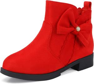 Детские/маленькие девочковые модные короткие ботильоны PANDANINJIA Clara с жемчугом и бантом на платье, с застежкой-молнией, Red Suede