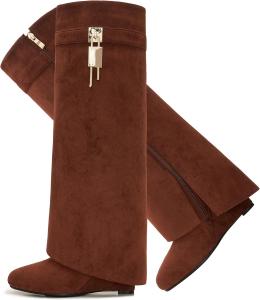 Сапоги с отворотом для женщин, острый носок, на танкетке, до колена, с боковой молнией и декоративным замком CDHYX, Brown-Suede