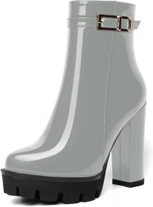 Женские ботильоны AMBELIGHT на платформе с круглым носком, однотонные, для вечеринки, с молнией, сексуальные, лакированные, массивный высокий каблук 12 см, Grey