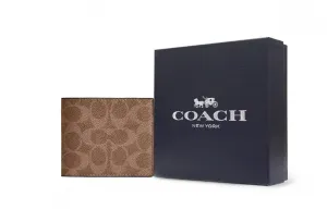 COACH Маленький кожаный кошелек для мужчин бежево-черный, Gift Box Set (Basic Set+Black Box)