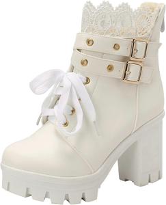 Женские ботильоны Parisuit с массивной платформой, высокие каблуки, шнуровка, с милой кружевной задней молнией, White Style 7