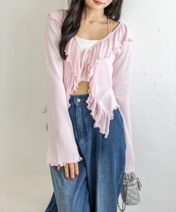 Длинный кардиган с оборками, связанный спицами.