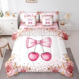 Erosebridal Комплект постельного белья 7Pcs розовый с бантами и цветочным декором, Rose Pink
