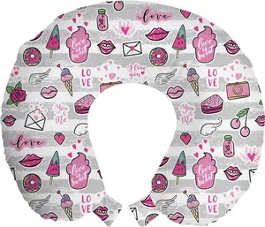 Подушка для путешествий ABAKUHAUS с эмодзи/подушка для шеи, рисунки в стиле Мемфиса, дорожный аксессуар из пеноматериала для самолета и автомобиля, 30 x 30 см, пурпурный, белый, серый Abakuhaus