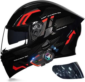 Шлем мотоциклетный BYGMWEP с двумя козырьками, черный / красный