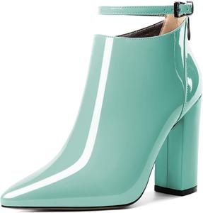 Женские ботильоны Soireelady с высоким массивным каблуком, заостренным носком, классической молнией, элегантные ботильоны на зиму с регулируемым ремешком на щиколотке, Patent Mint-Green
