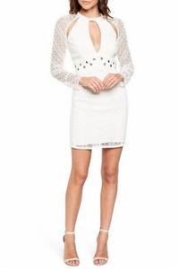 Платье с кружевом Broderie Anglais и длинными рукавами в белом цвете Bardot