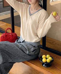 аимоха/Двухцветный вязаный кардиган с V-образным вырезом