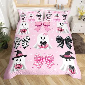 Erosebridal Готический комплект постельного белья Halloween Ghost для девочек, розовый с черными бантами, ткань с принтом тыкв и летучих мышей, Pink and Black