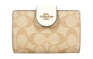 Кошелек из коровьей кожи с угловой молнией женский светло-коричневый с монограммой и белый COACH