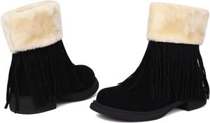 Женские ботильоны в стиле бохо с бахромой на среднем клине, зимние, с скрытой платформой, пряжкой, теплой мягкой подкладкой, меховым воротником и нескользящей подошвой, снега Стойкие Generic, Black