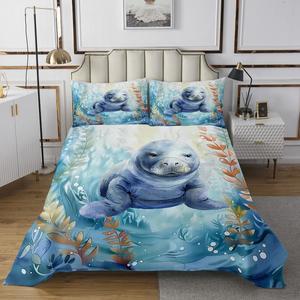 Erosebridal Комплект постельного белья Manatee Queen в морском стиле с водными животными, голубой акварельный дизайн, Blue Green White