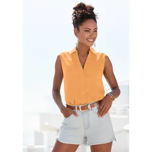 Блузка-топ LASCANA, выполненная из мягкой ткани с содержанием льна, женская блузка с рубашечным воротником, цвет Mango Peach