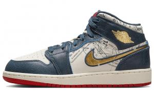 Кроссовки Air 1 Mid SE Take Flight GS Jordan, бежевый/синий/золотой