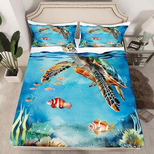 Erosebridal Комплект постельного белья Cartoon Animal с морскими черепахами в морском стиле, водянисто-синий, легкий материал, Color 01