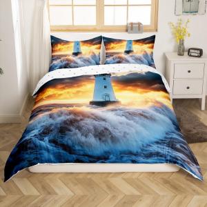 Erosebridal Чехол на одеяло Lighthouse с морским принтом, тематика океанских волн, для детской комнаты, White Yellow