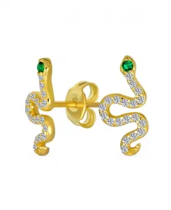 Минималистичные серьги-гвоздики с фианитами в виде зеленоглазой змеи из позолоченного серебра Bling Jewelry, clear