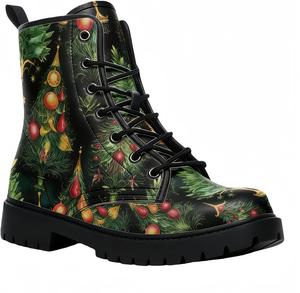 Женские короткие ботинки с принтом, шнуровкой и массивным каблуком, боевые ботильоны на осень и зиму для девушек, с узором в виде роз, черепов, бабочек и мультяшных цветков Maimeili, Christmas Tree