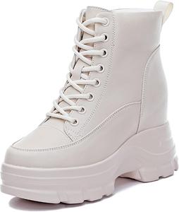 Женские кожаные ботильоны на платформе с невидимым эффектом увеличения роста, модные с круглым носком, боковой молнией, на танкетке, байкерские, повседневные, удобные ботинки для работы на улице и для деловых встреч YHEROHG, White