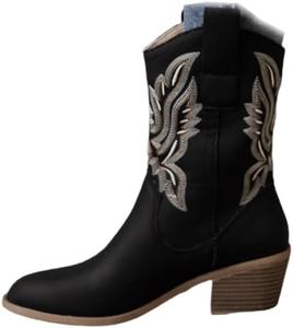 ZJWBB Женские западные сапоги до середины икры с острым носком, вышивкой, грубым каблуком и петельками для надевания, черные, белые, коричневые, размеры US 5-10