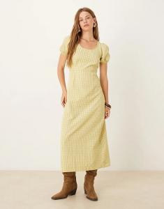 Glamorous платье миди с вырезом на спине и рукавами-буфами в оливково-зеленую клетку