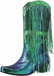 Женские сапоги до середины икры, модный новый узор, украшение пайетками и кисточками, заостренные, с толстым каблуком для женщин с широкой икрой Generic, Green