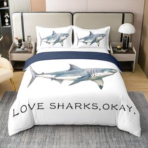Erosebridal Комплект постельного белья Shark из 100% хлопка с морскими животными для детей, Blue White