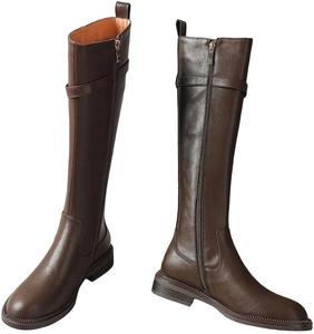 Женские высокие ботинки узкого кроя с ремешком и пряжкой, винтажный стиль, длинные ботильоны на низком каблуке, теплые обувь для зимы Generic, Brown