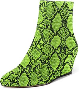 Женские повседневные ботинки MOVINSTEPS с молнией, однотонные, с закругленным носком, лакированные, на клиновидном низком каблуке, высокие до щиколотки, 5 см, Neon Green Snake