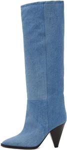 Женские ботфорты XYD с высокими голенищами, средний каблук-конус, выше колена, эластичные, с острым носком, модные свободные зимние теплые длинные ботильоны, Denim Blue