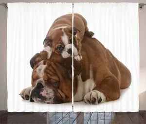 Штора ABAKUHAUS "Английский бульдог" в деревенском стиле, "Отец и сын", универсальная ленточная штора для гостиной с петлями и крючками, 280 x 245 см, цвет: черный, коричневый, белый Abakuhaus