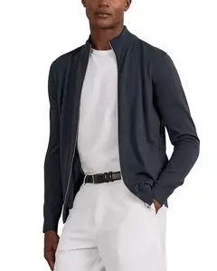 Рубашка с длинными рукавами и воротником-стойкой из мериносовой шерсти Hampshire с застежкой-молнией Reiss, синий