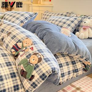 Yalu Комплект постельного белья из 4 предметов (простыня 180 см, пододеяльник 200х230 см), вельвет, цвет Blue British Bear LF