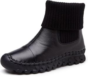 Женские кожаные ботинки Yuizko с эластичными носками для снега, модные ботильоны с лоскутным дизайном, повседневные зимние теплые ботинки на меху, высокие ботинки Челси на плоской подошве, Black