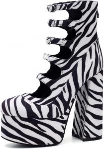 Frankie Hsu Lolita Women's Large Size Buckle Strap Leopard Patent Leather Platform Chunky Block High Heels Ankle Heeled Sandal Boots Shoes