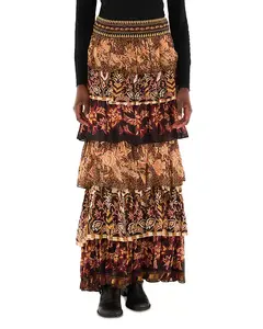 Разноцветные шарфы, юбка-макси с оборками Farm Rio, коричневый