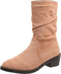 Женские ботинки до середины голени с массивным каблуком, замшевая кожа, повседневные, на удобной подошве, осень-зима, короткие с молнией, винтажные 2024, женские ботильоны, женская обувь Generic, Beige