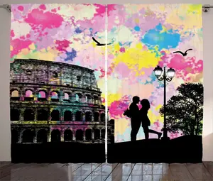 Штора в стиле Римский сельский от ABAKUHAUS, Влюбленная пара у Колизея, присборенная штора для спальни с петлями и крючками, 280 x 225 см, цвет черно-розовый Abakuhaus