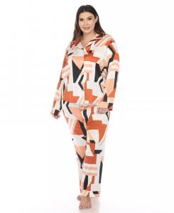 Пижамный комплект из сатина с принтом больших размеров White Mark, оранжевый