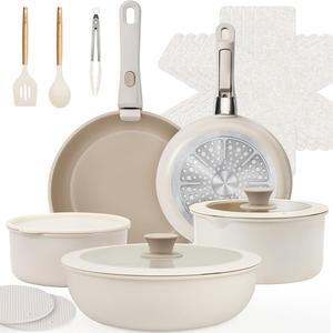 Набор кастрюль и сковородок KIKCOIN с антипригарным покрытием и съемными ручками, 20 шт, кремовый