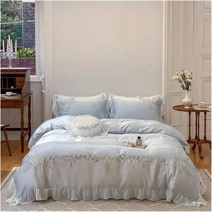 Generic Комплект постельного белья французский принцессский с цветочной вышивкой, кружевом и рюшами Blue